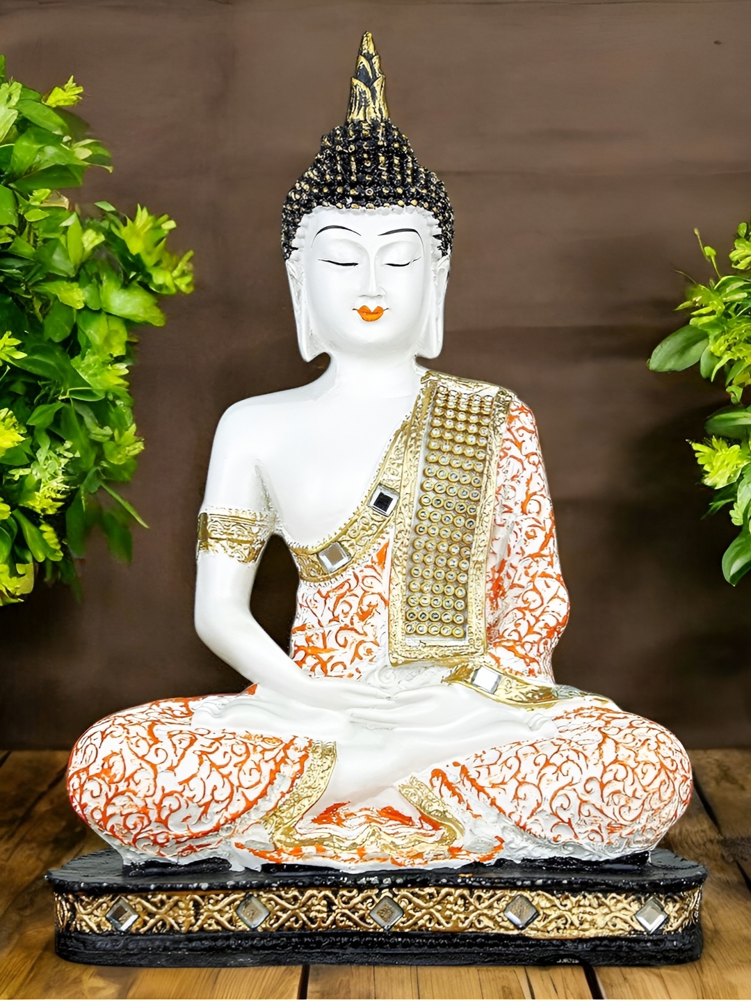 

VIVARS CRAFT White And Orange Buddha Figurine Showpiece