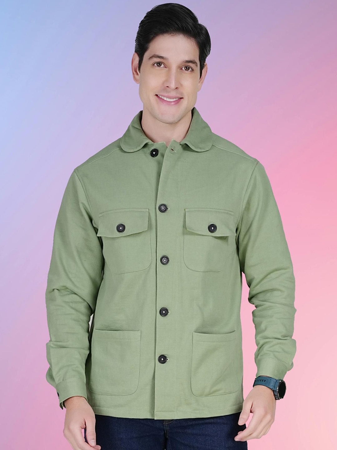 

BAESD Men Solid Long Sleeves Cotton Fleece Shacket, Green