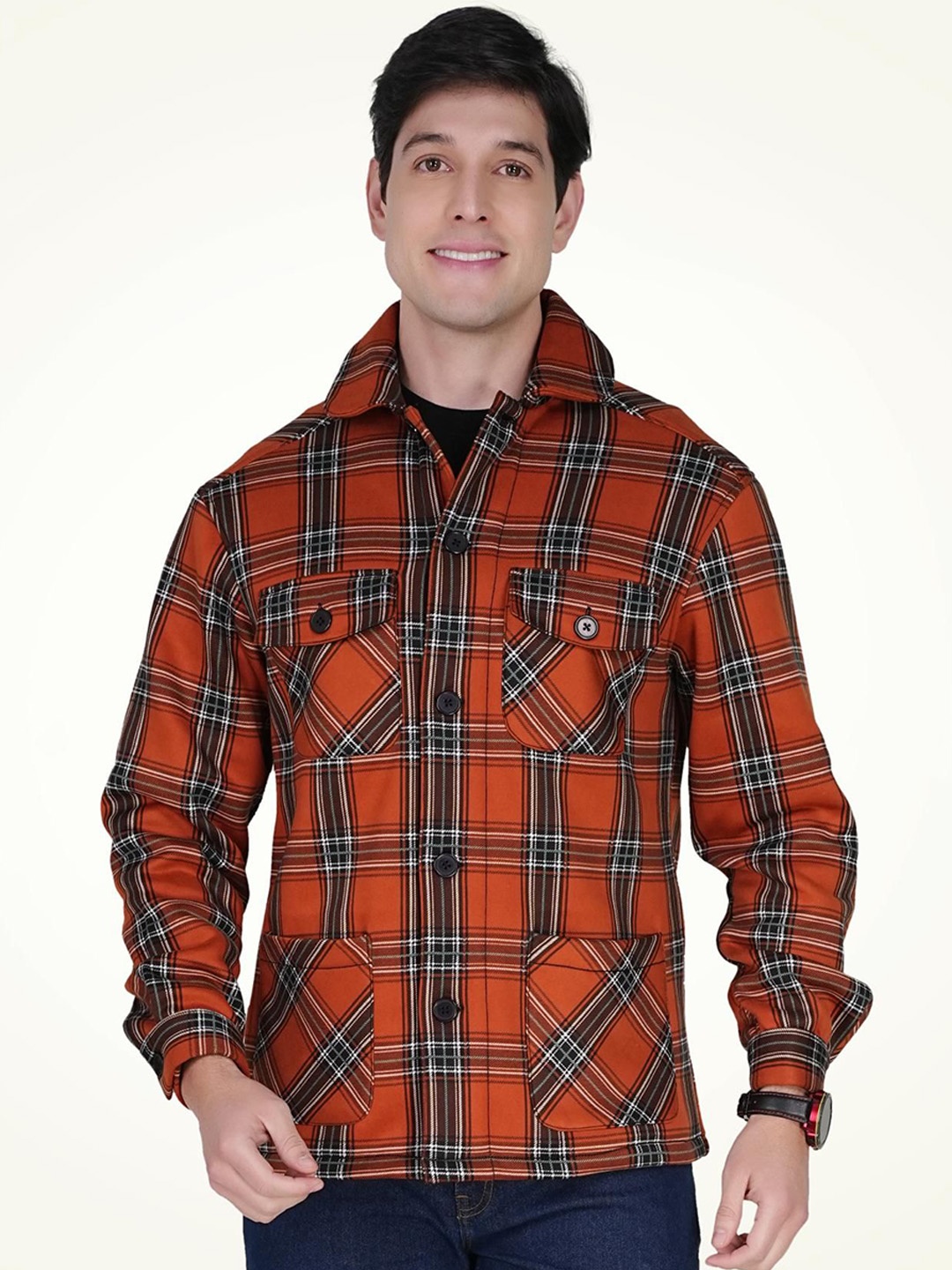 

BAESD Men Tartan Checked Long Sleeves Cotton Fleece Shacket, Rust