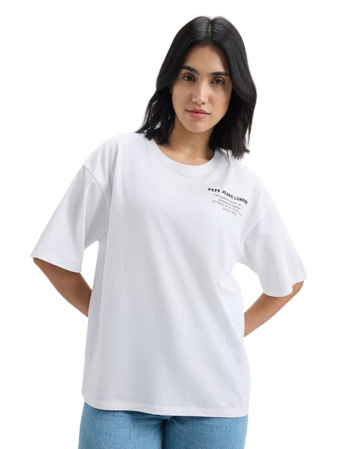 

Pepe Jeans Women Graphic Printed Round Neck Cotton Oversized T-shirt, White