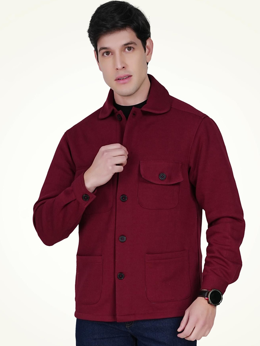 

BAESD Men Spread Collar Solid Fleece Casual Lightweight Tailored Jacket, Maroon