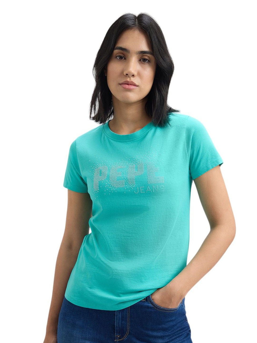 

Pepe Jeans Women Typography Printed Round Neck Cotton T-shirt, Sea green