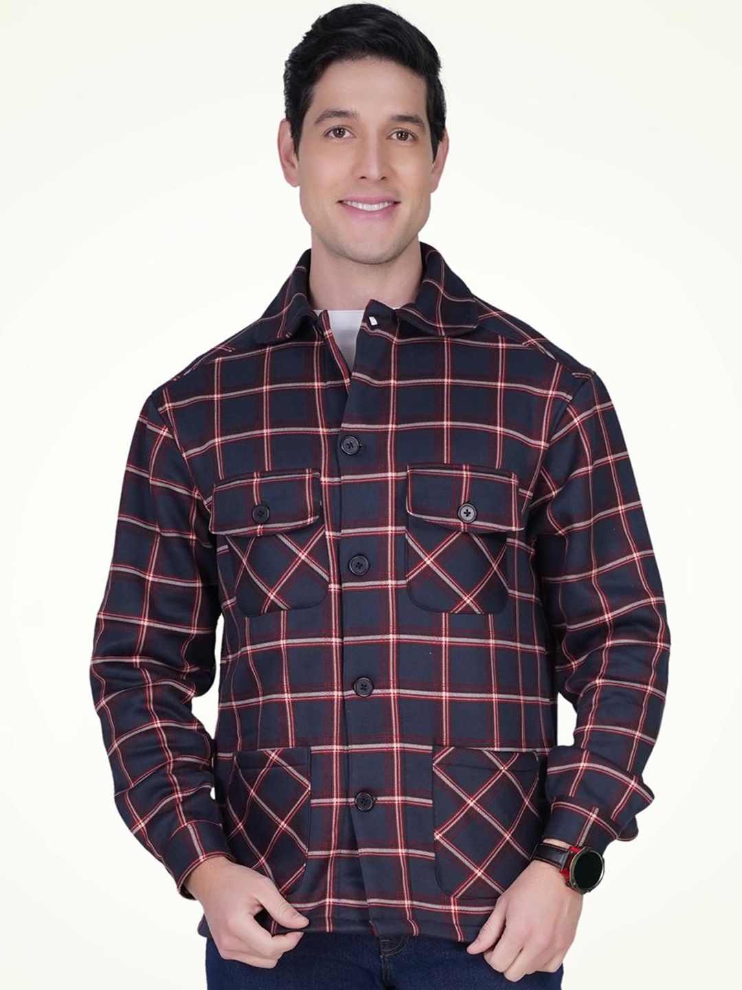 

BAESD Men Tartan Checked Long Sleeves Cotton Fleece Shacket, Navy blue