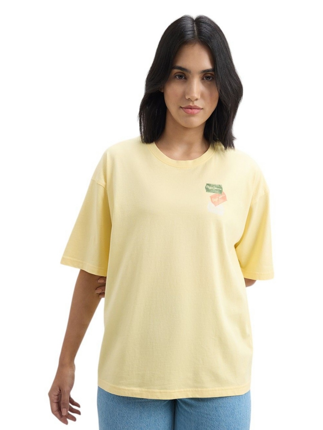 

Pepe Jeans Women Graphic Printed Round Neck Cotton Oversized T-shirt, Yellow