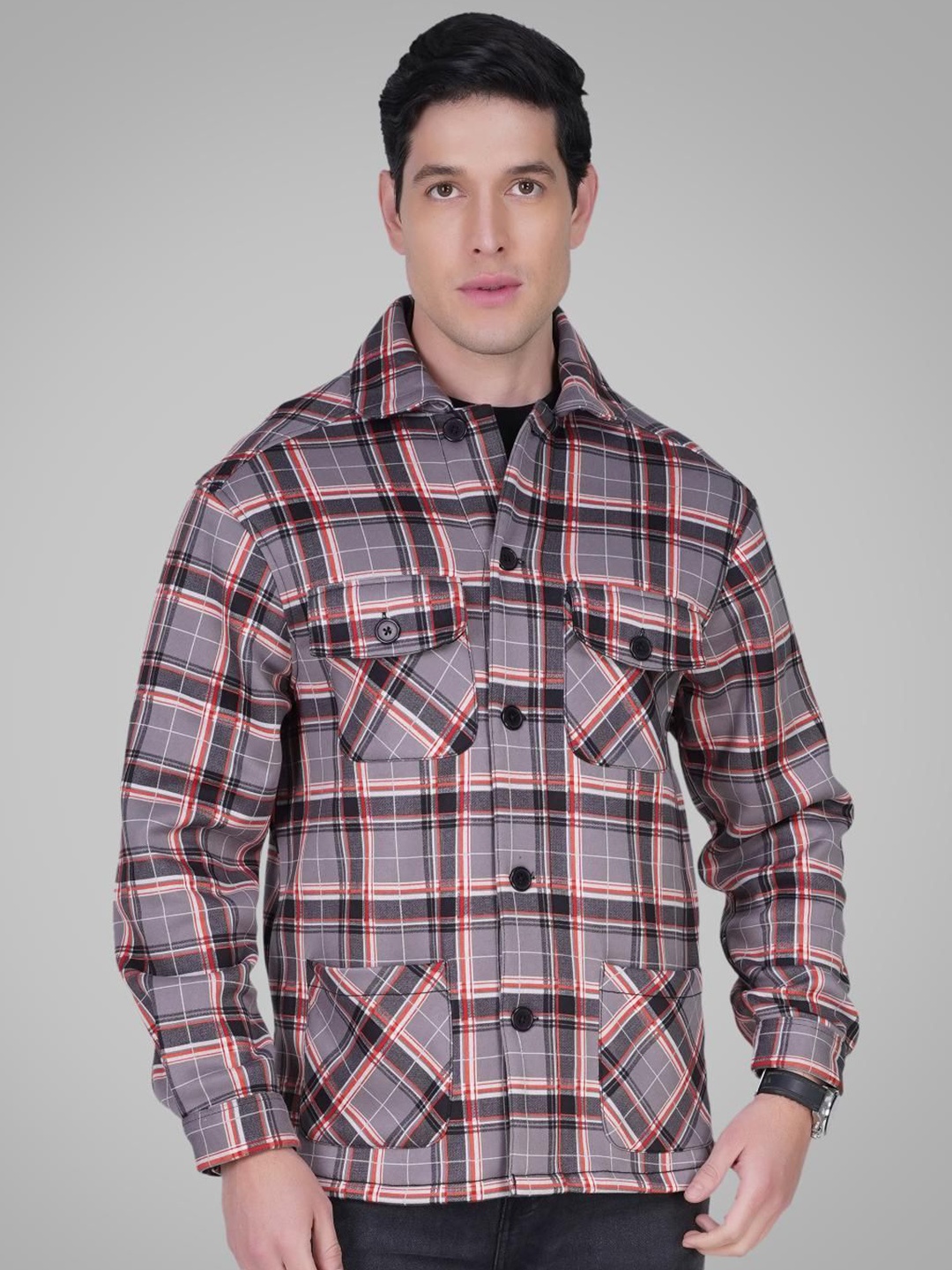 

BAESD Men Tartan Checked Long Sleeves Cotton Fleece Shacket, Grey