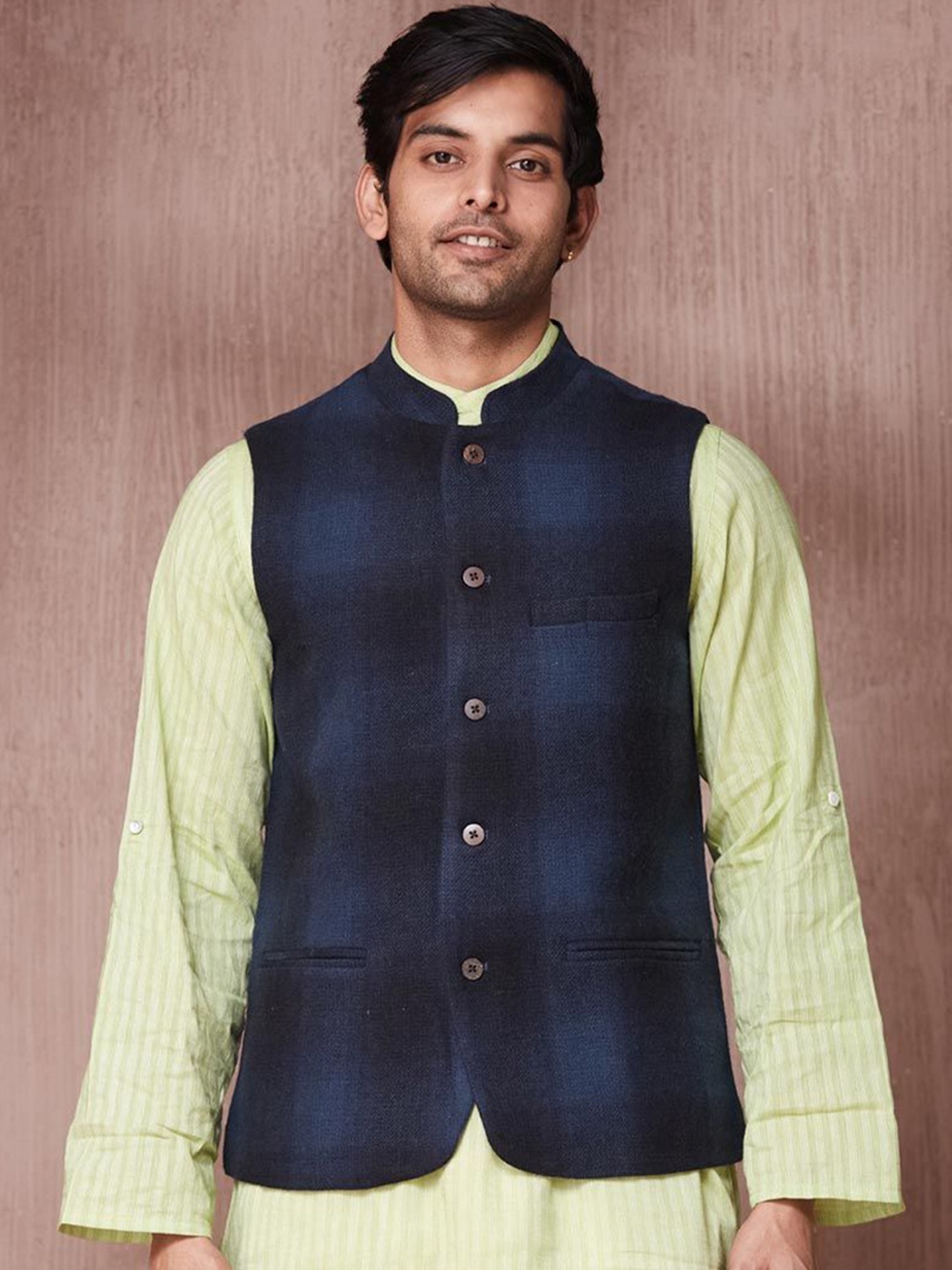 

Fabindia Men Slim Fit Woven Nehru Jacket, Blue