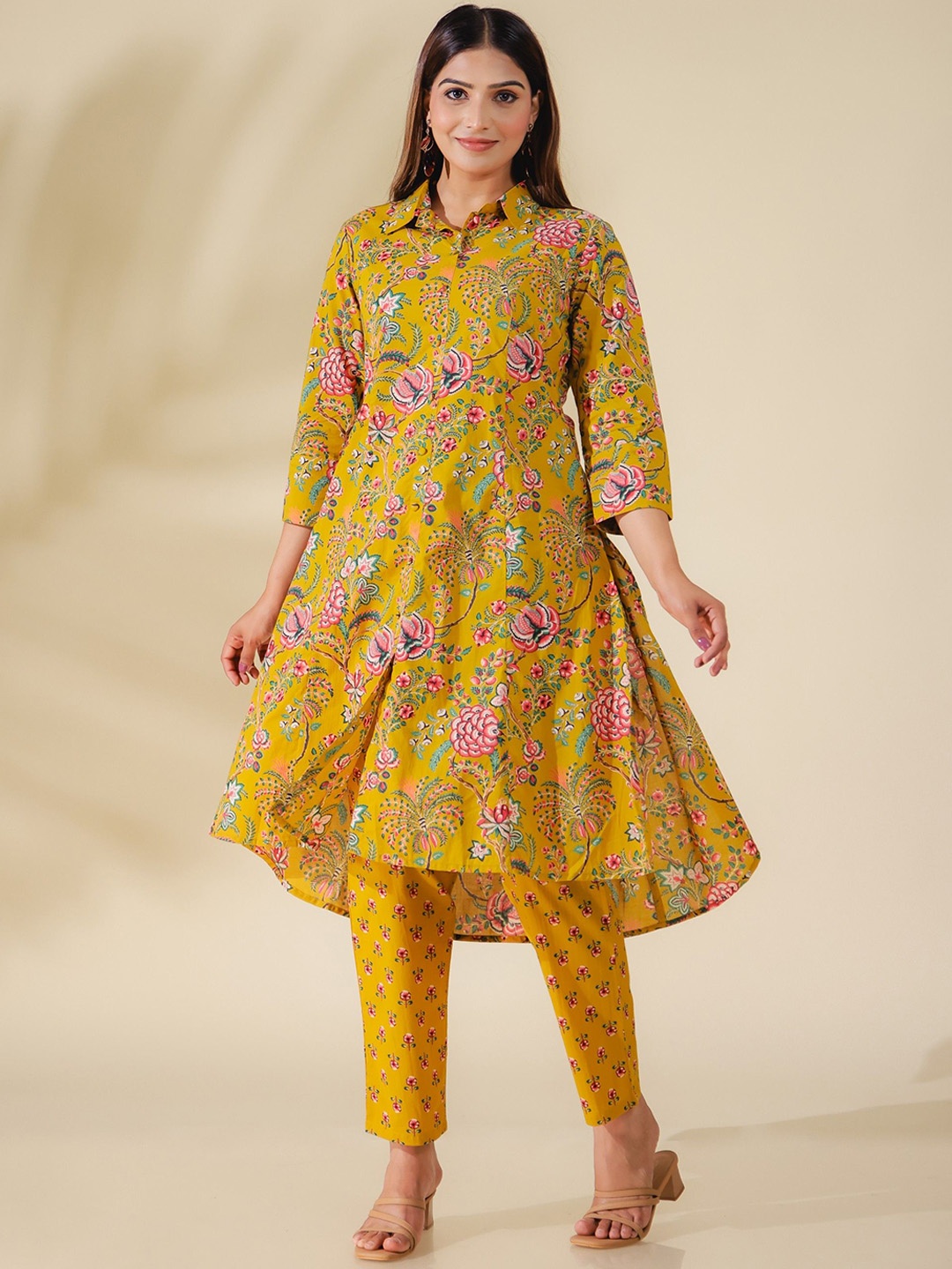 

Aramya Floral Printed Shirt Collar Pure Cotton High Low Kurta with Trouser, Yellow