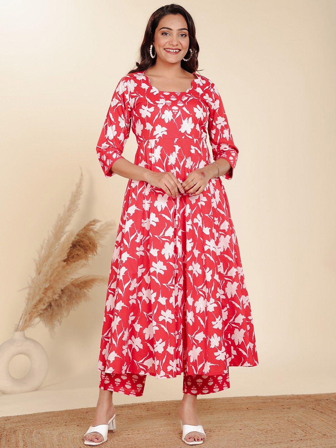 Aramya Floral Printed Round Neck Anarkali Pure Cotton Kurta With Trouser, Red