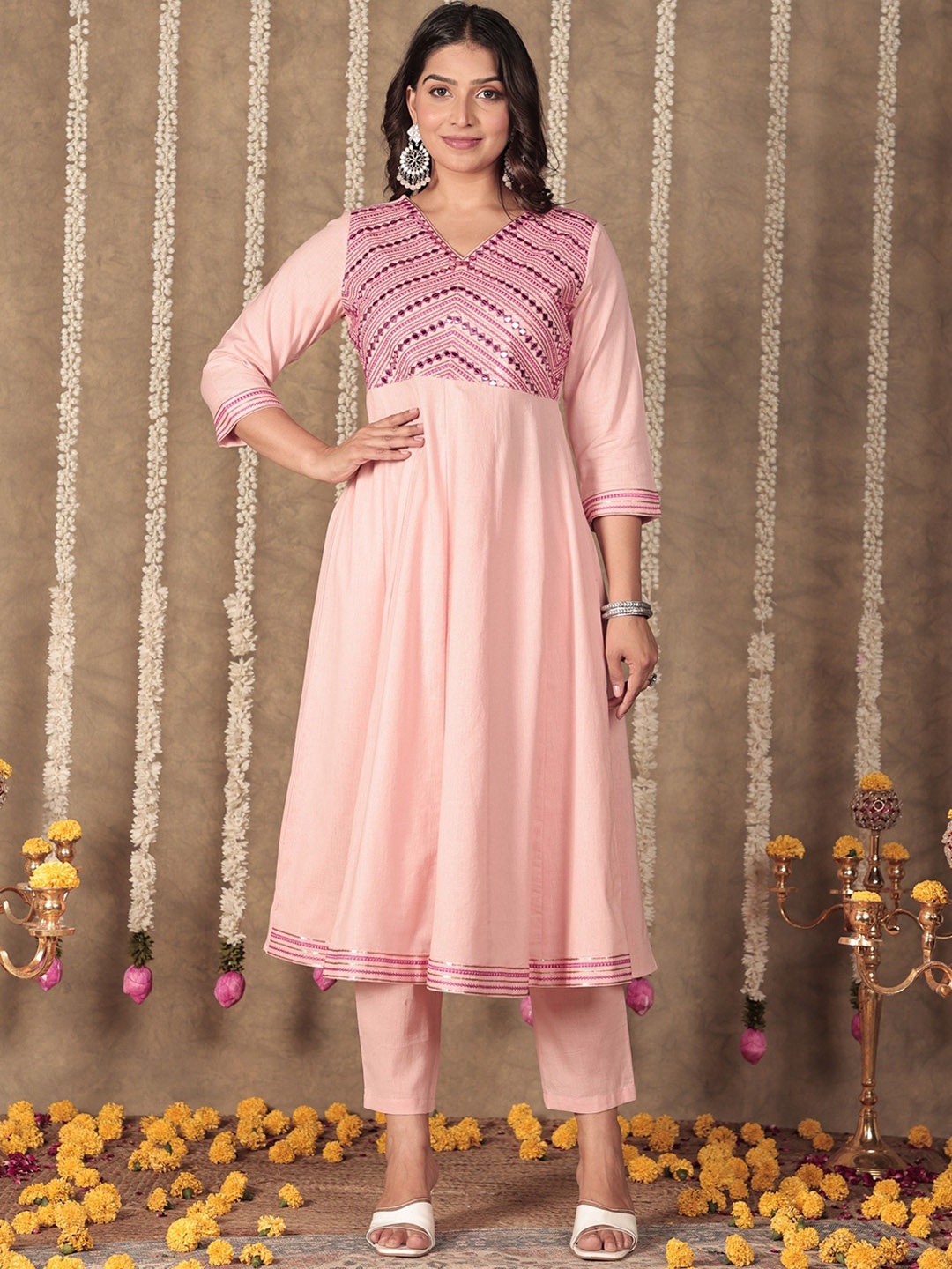 

Aramya Mirror Embroidered V-Neck Pure Cotton Anarkali Kurta With Trouser, Pink