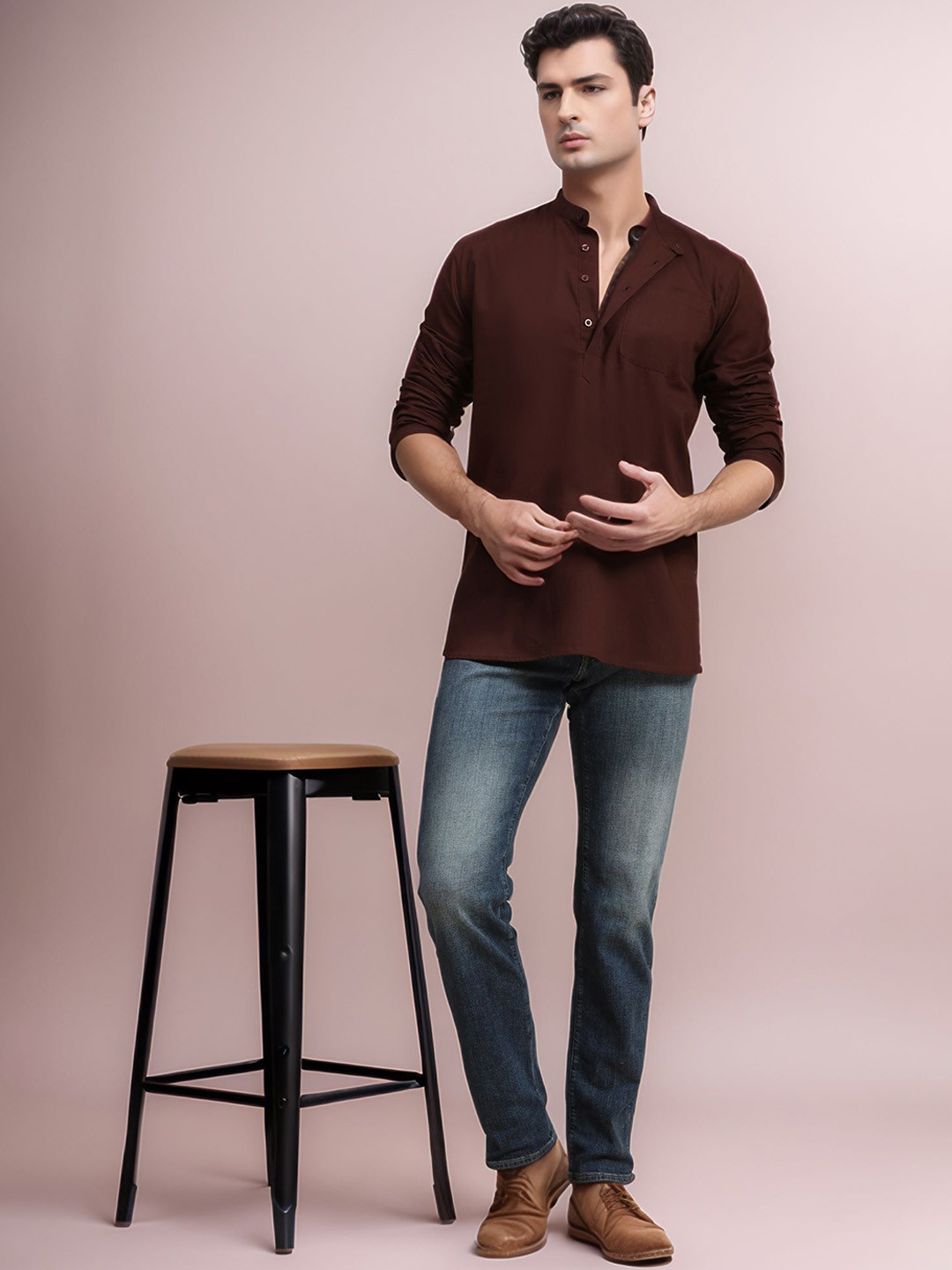 

Moda Rapido Cotton Mandarin Collar Short Kurta, Brown