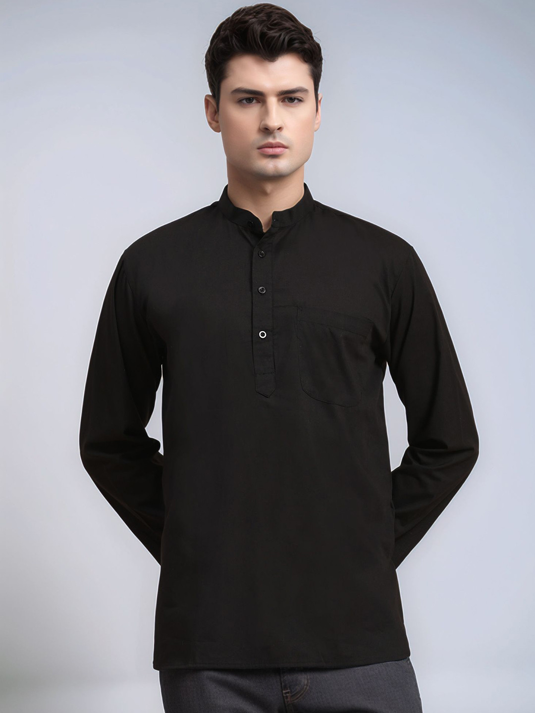 

Moda Rapido Cotton Mandarin Collar Short Kurta, Black