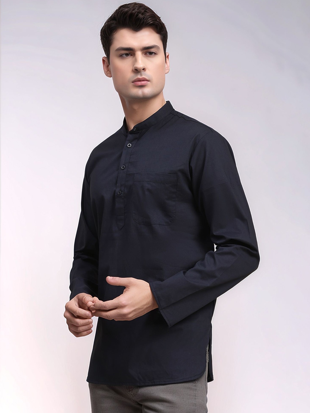 

Moda Rapido Cotton Mandarin Collar Short Kurta, Navy blue