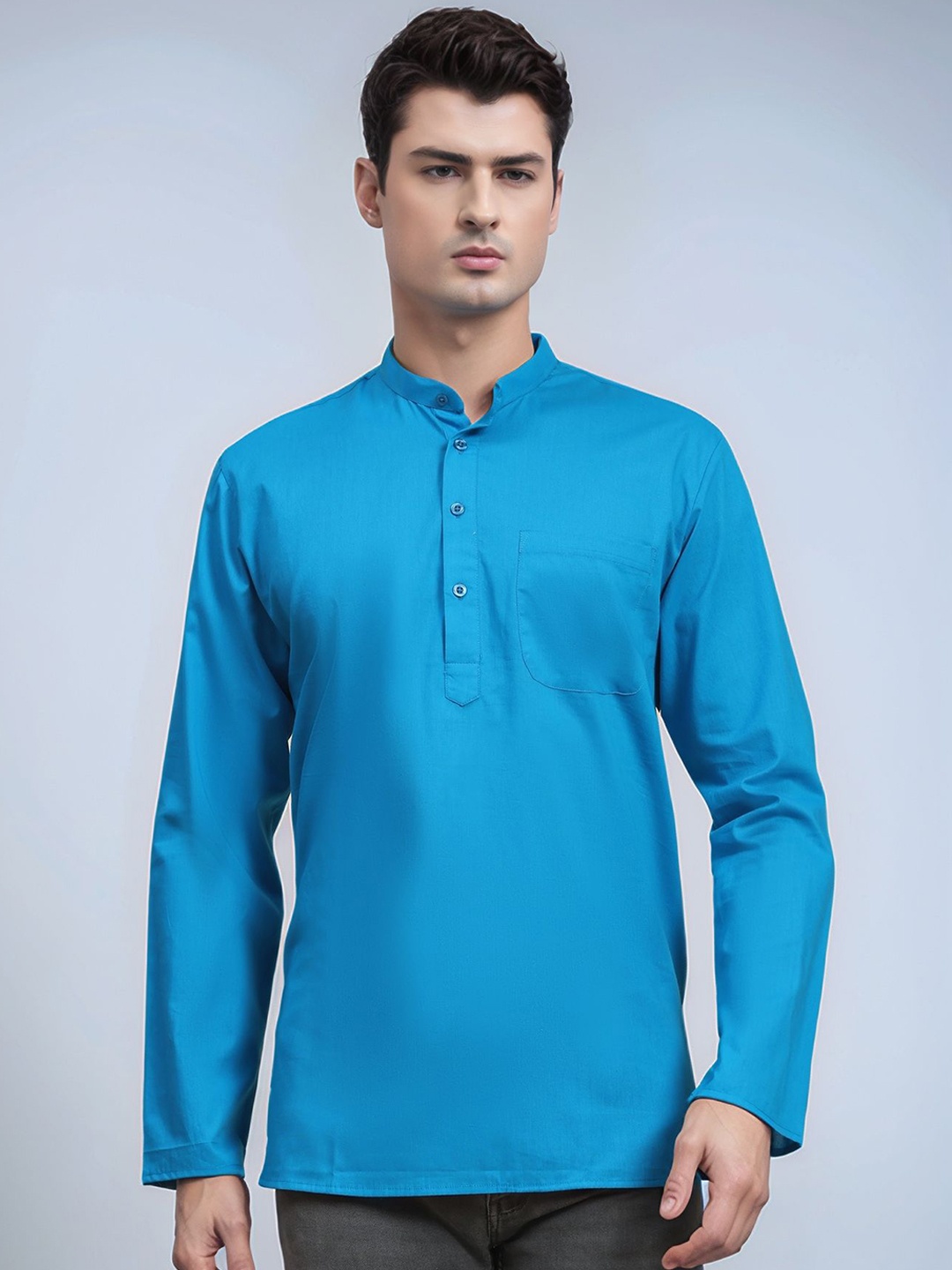 

Moda Rapido Cotton Mandarin Collar Short Kurta, Turquoise blue