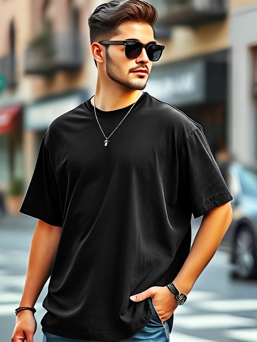 

GESPO Men Cotton Oversized T-shirt, Black