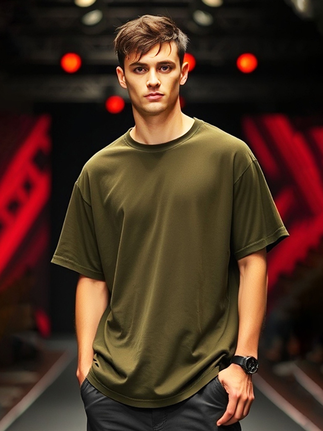 

GESPO Men Solid Round Neck Cotton Oversized T-shirt, Olive