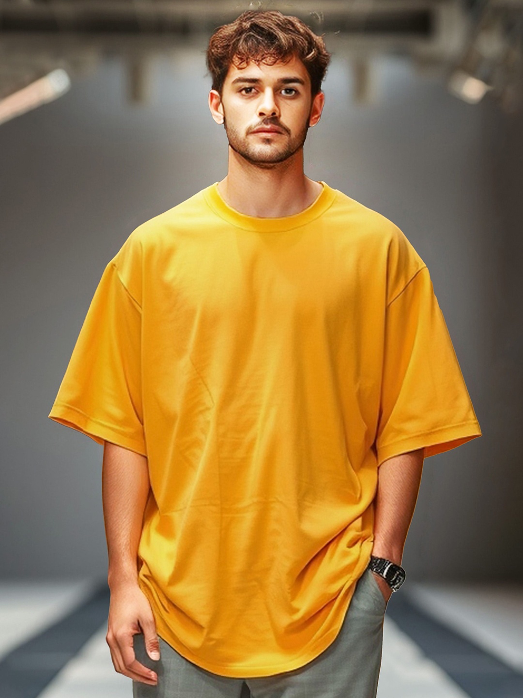 

GESPO Men Solid Round Neck Cotton Oversized T-shirt, Mustard