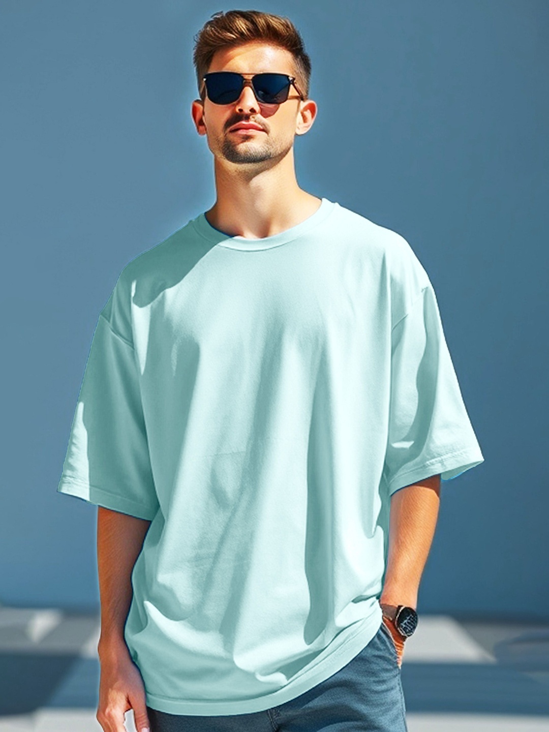 

GESPO Men Solid Round Neck Cotton Oversized T-shirt, Sea green