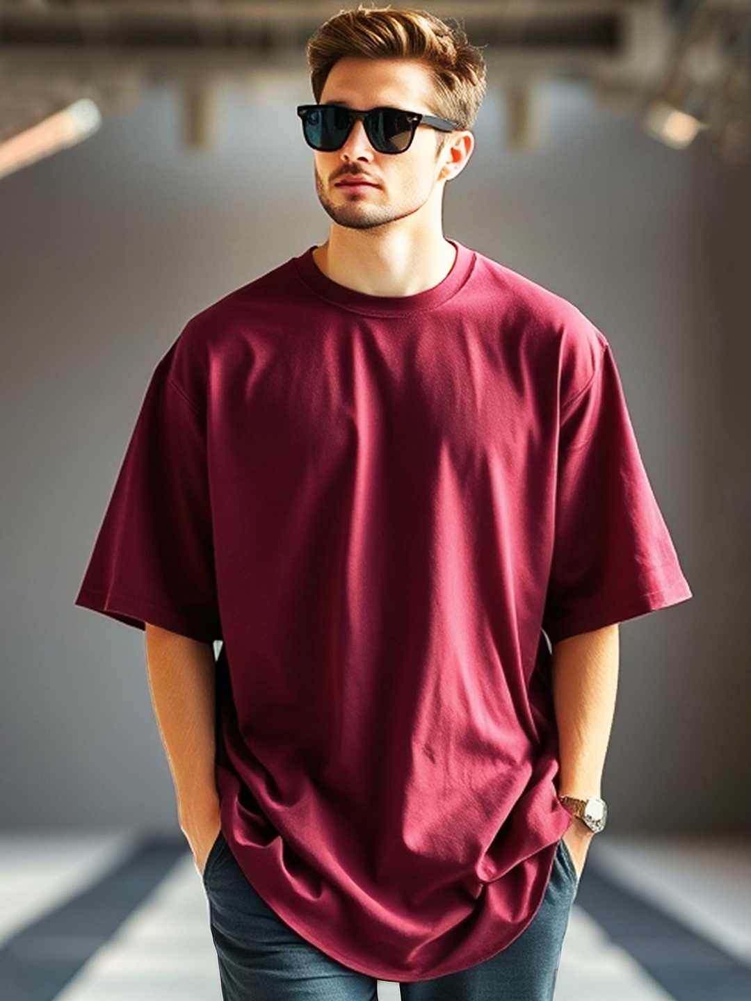 

GESPO Men Solid Round Neck Cotton Oversized T-shirt, Maroon