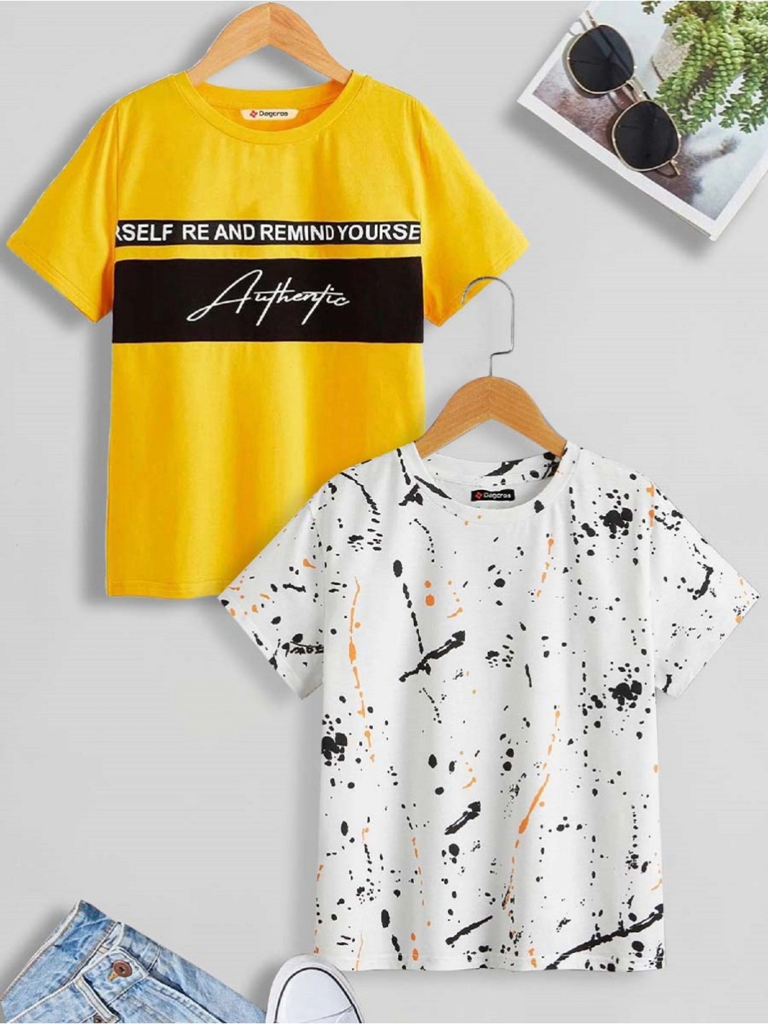 Dagcros Boys Pack Of 2 Typography Printed Cotton T-shirt, Mustard