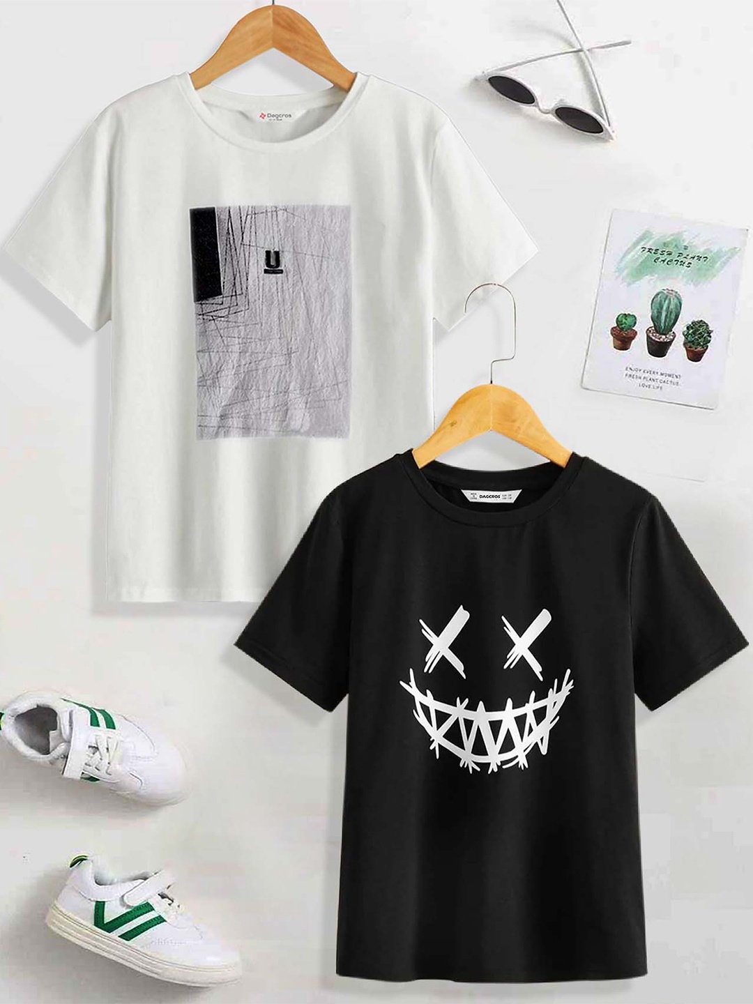 

Dagcros Boys Pack of 2 Printed Round Neck Cotton T-Shirts, Black