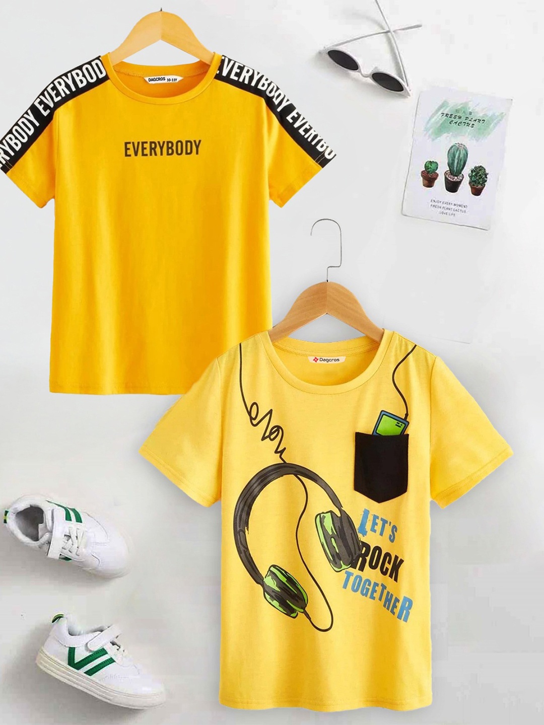 

Dagcros Boys Pack of 2 Printed Round Neck Cotton T-Shirts, Yellow