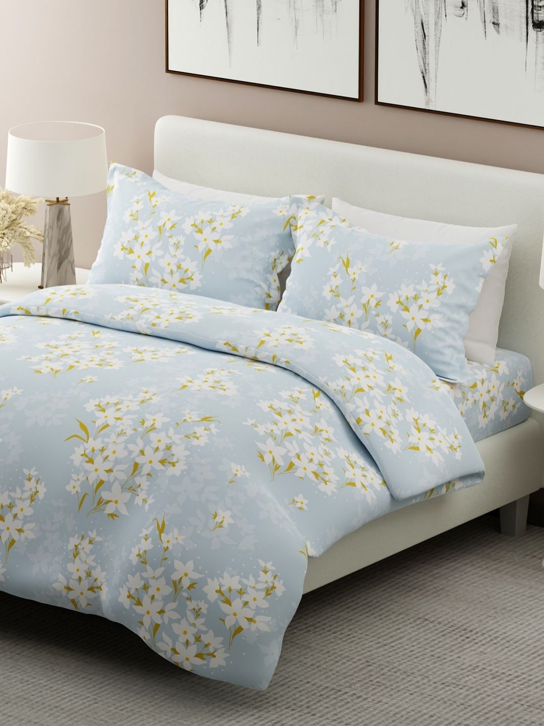 

Boutique Living India 100% Cotton 300 TC Floral Jasmine Scented King Bedsheet Set, Blue
