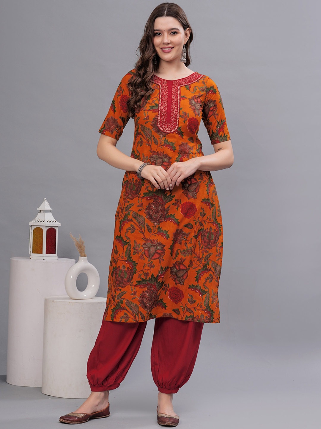 

KALINI Wo Floral Printed Thread Work Pure Cotton Kurta with Salwar, Orange
