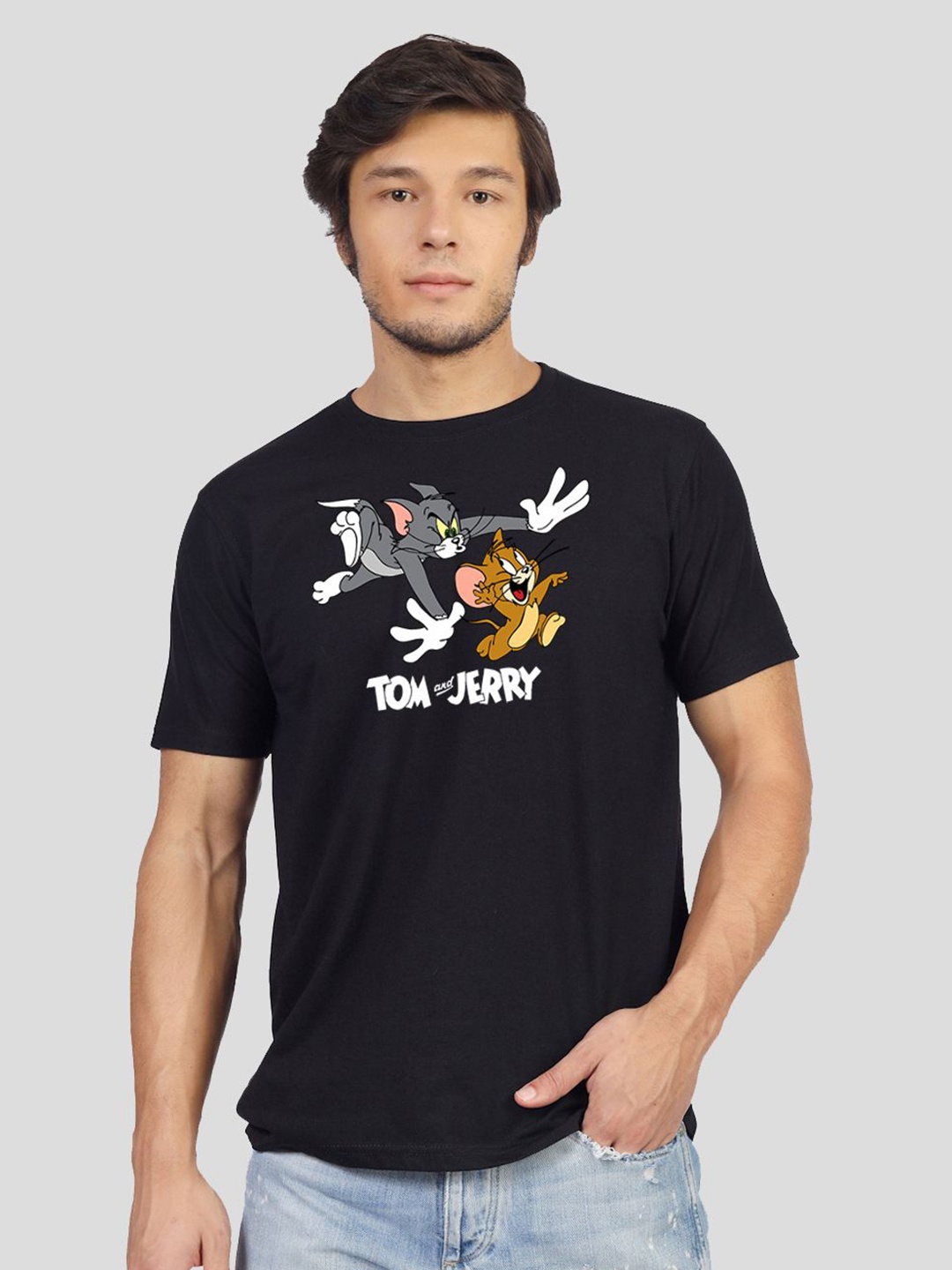 

Greylongg Men Tom & Jerry Graphic Printed Round Neck Cotton T-shirt, Black