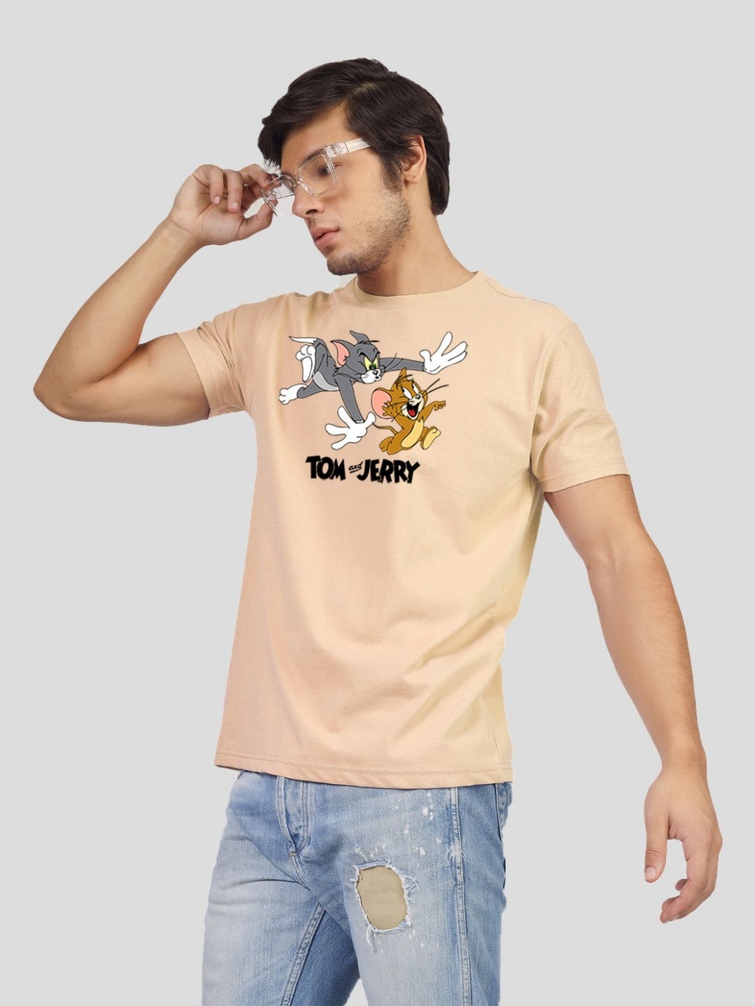 

Greylongg Men Tom & Jerry Graphic Printed Round Neck Cotton T-shirt, Beige