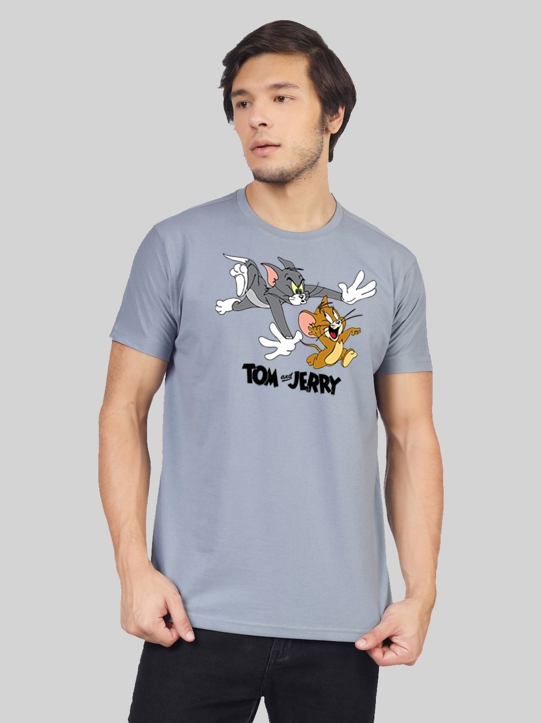 

Greylongg Men Tom & Jerry Graphic Printed Round Neck Cotton T-shirt, Grey