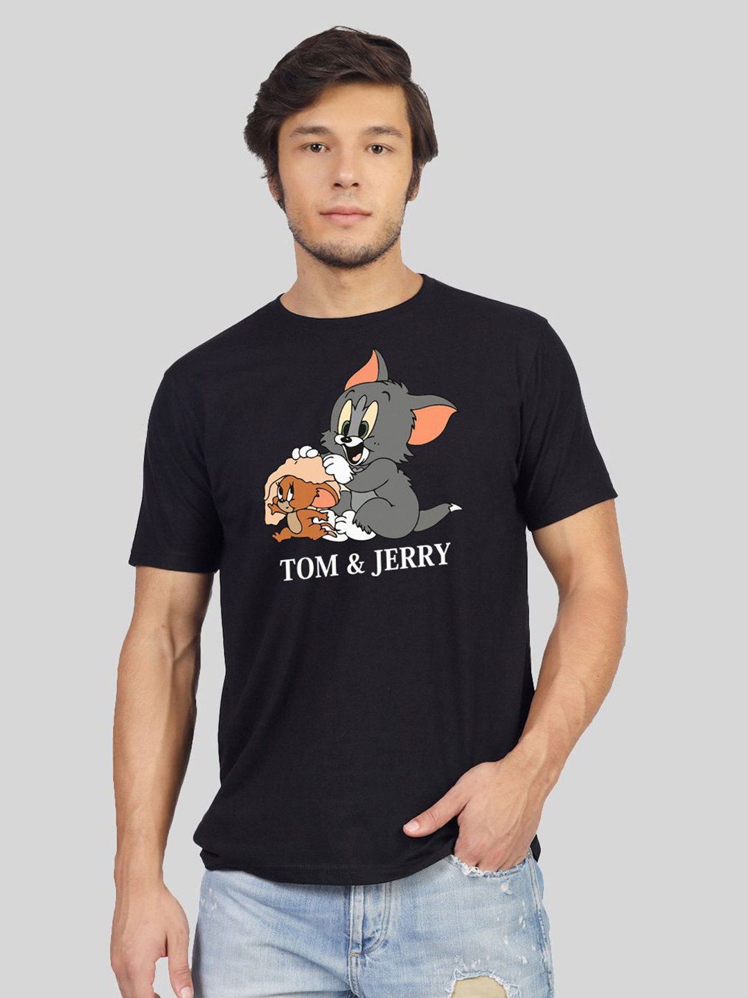 

Greylongg Men Tom & Jerry Graphic Printed Round Neck Cotton T-shirt, Black