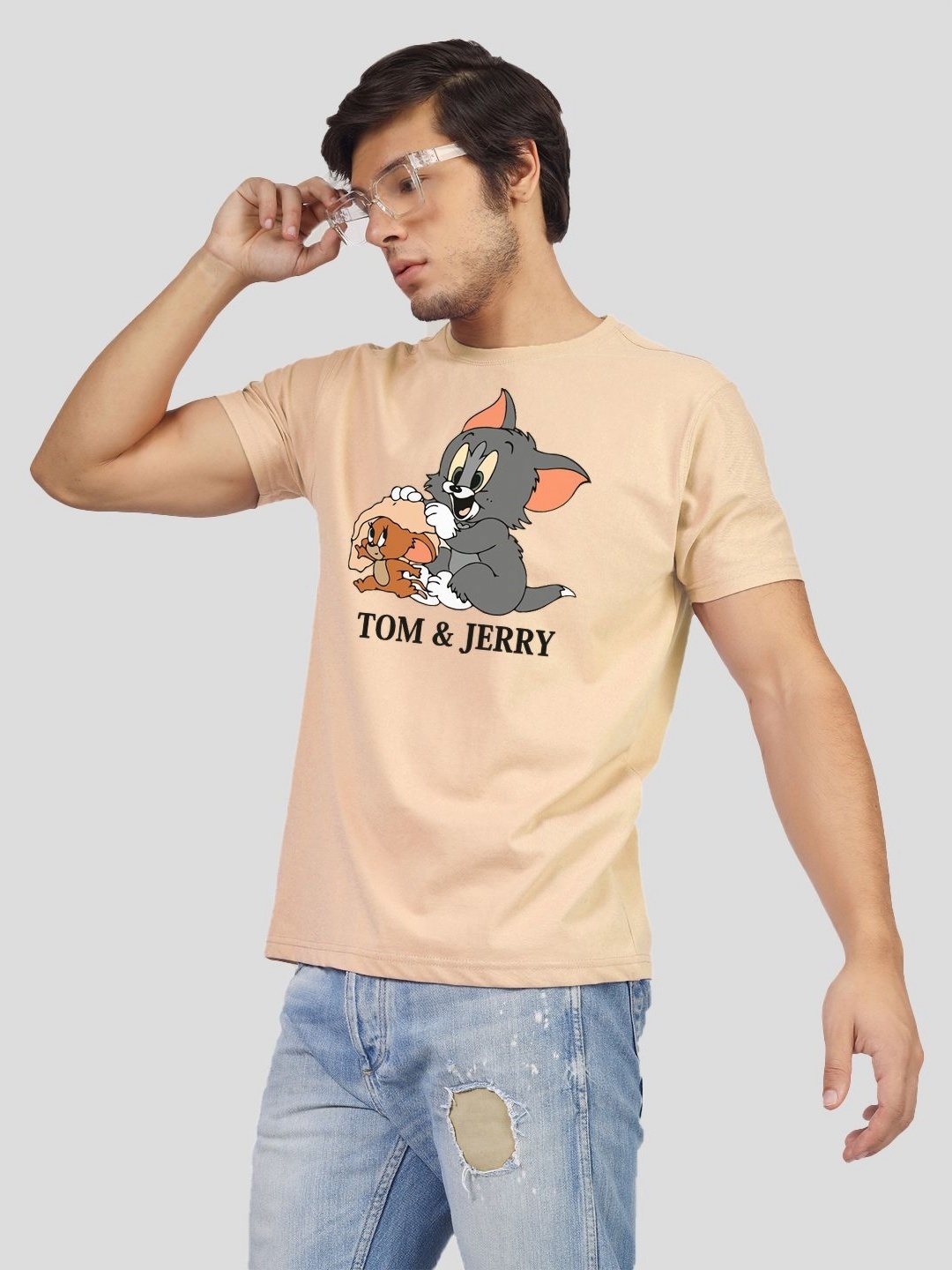 

Greylongg Men Tom & Jerry Graphic Printed Round Neck Cotton T-shirt, Beige