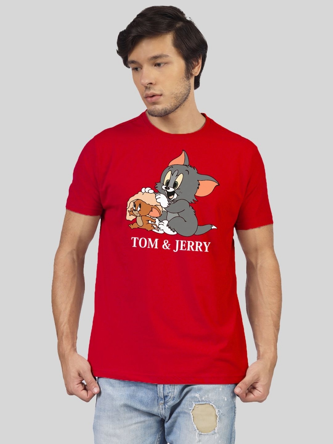 

Greylongg Men Tom & Jerry Graphic Printed Round Neck Cotton T-shirt, Red