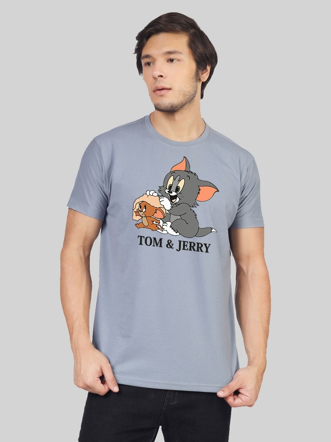 

Greylongg Men Tom & Jerry Graphic Printed Round Neck Cotton T-shirt, Grey