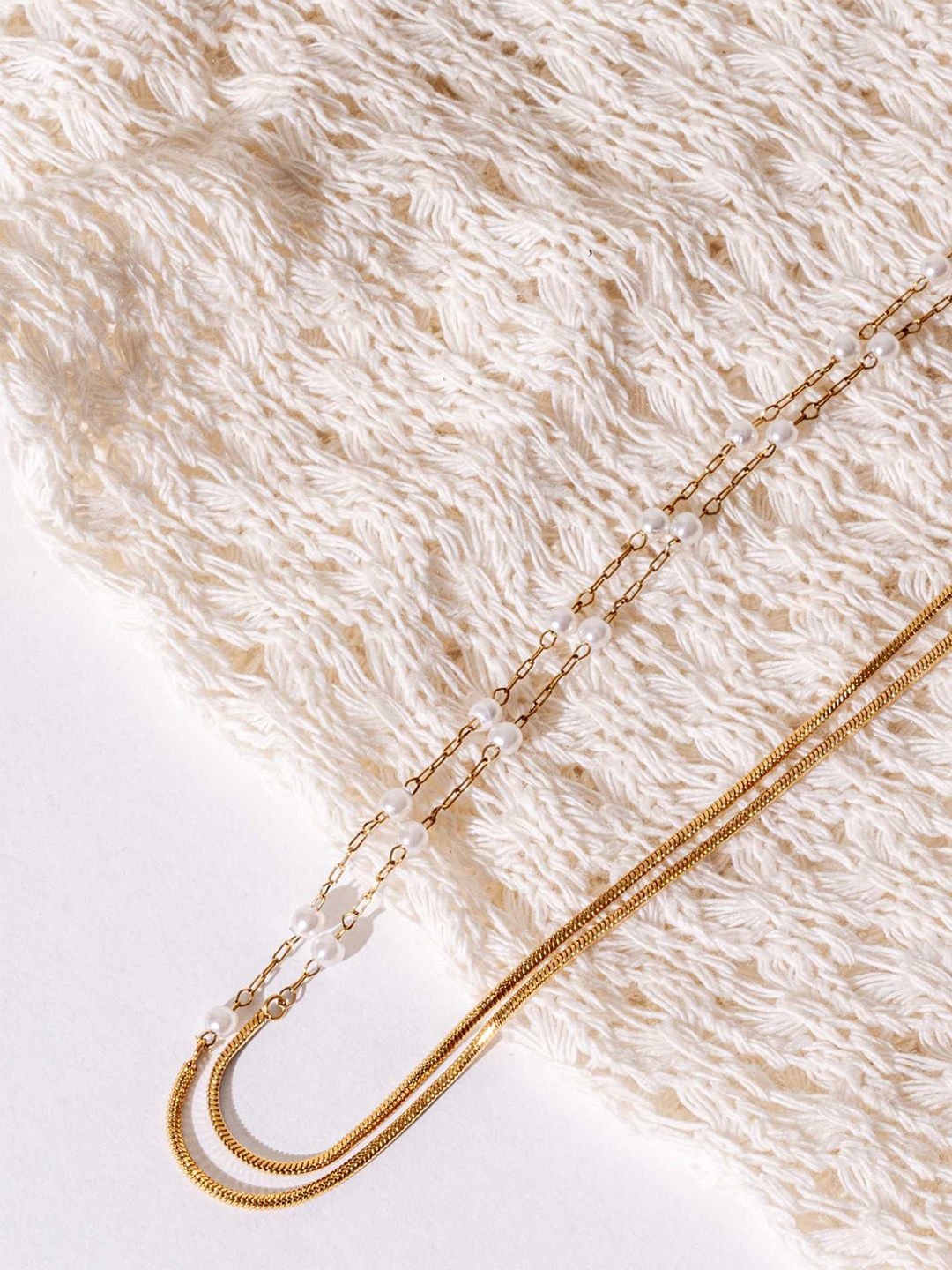 

ZAISHA 18K Gold Plated Stainless Steel Semi Pearls Layered Chain