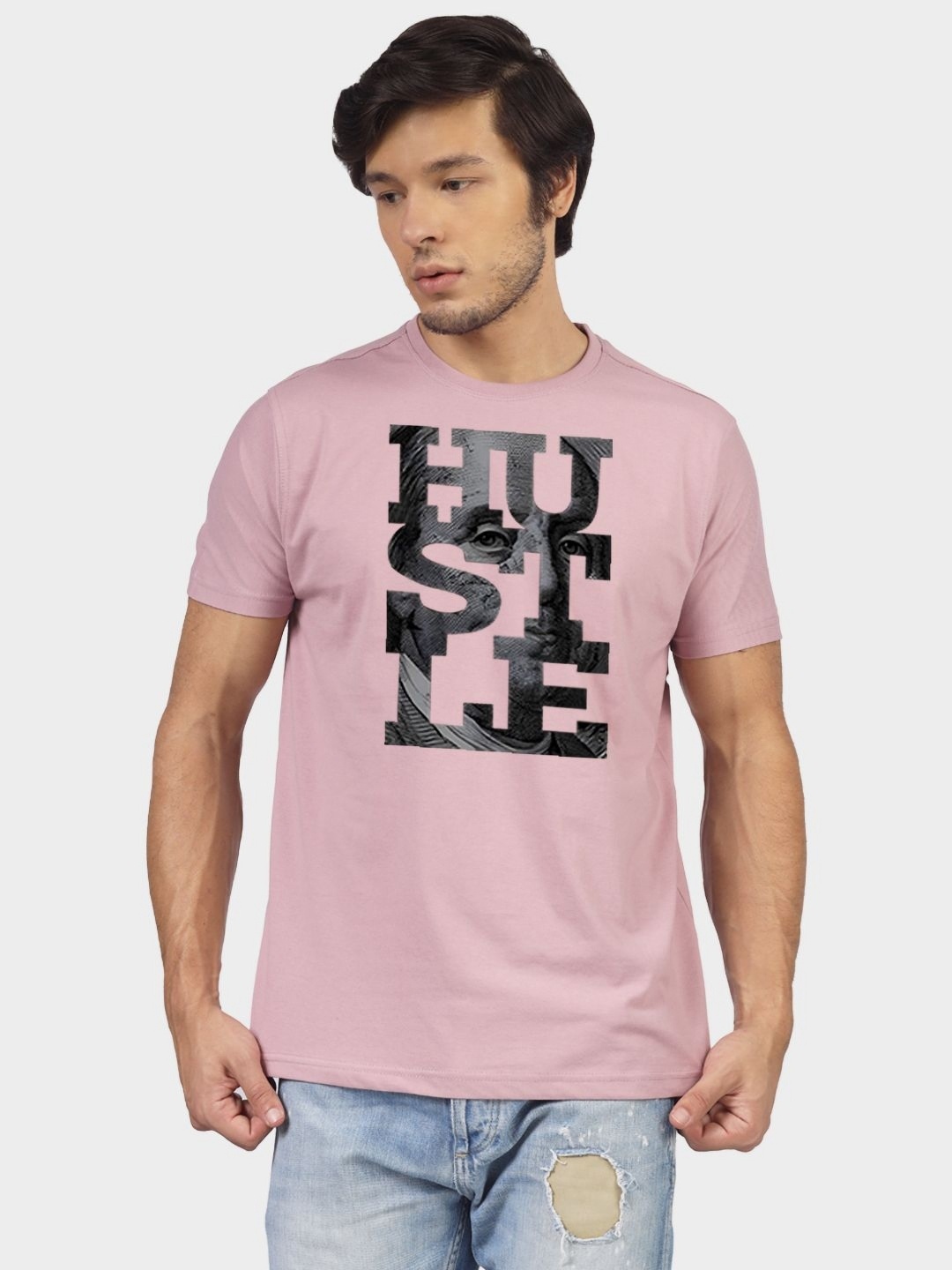 Greylongg Men Typography Printed Round Neck Cotton T-shirt, Pink