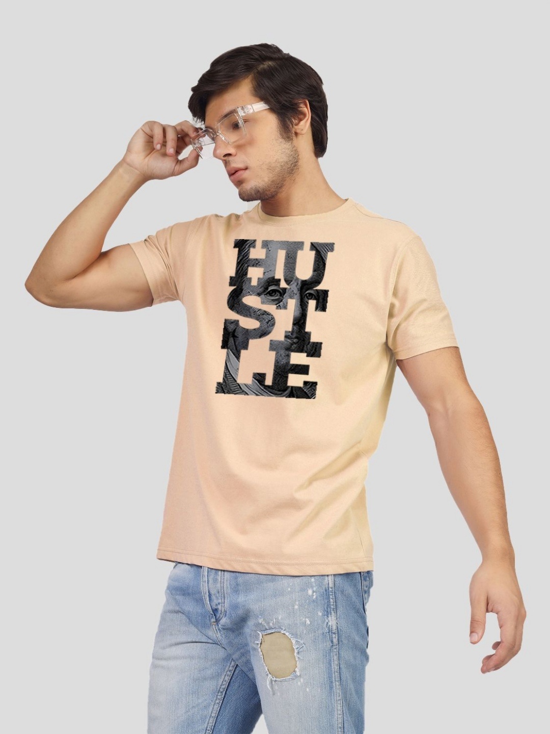 Greylongg Men Typography Printed Round Neck Cotton T-shirt, Beige