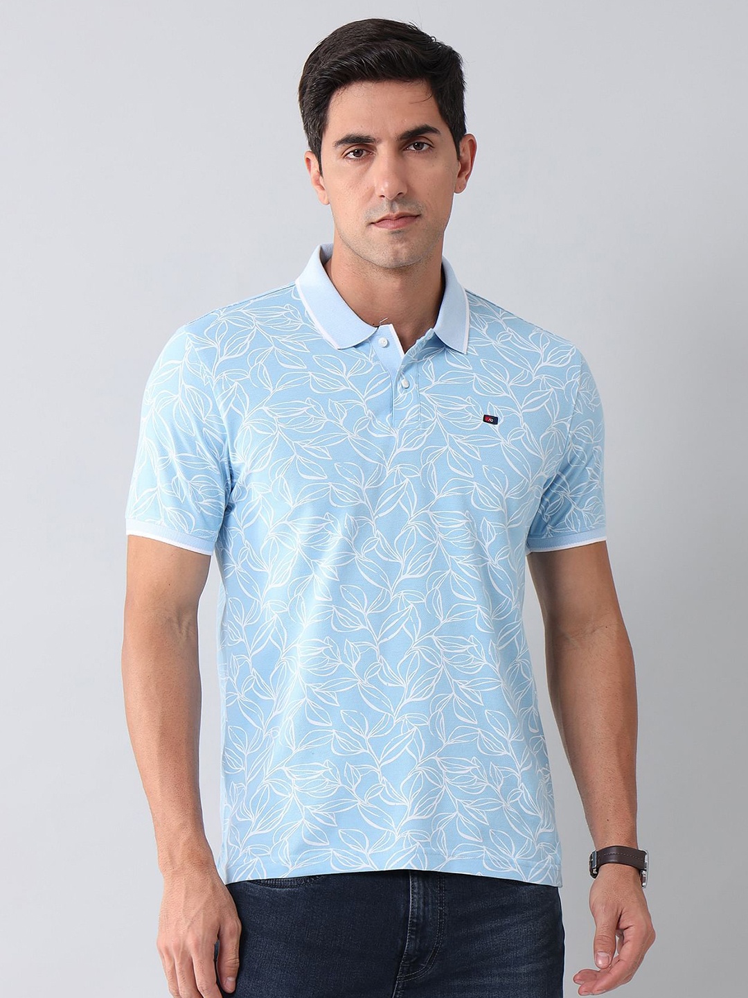 

AD By Arvind Men Floral Printed Polo Collar Cotton Slim Fit T-shirt, Blue