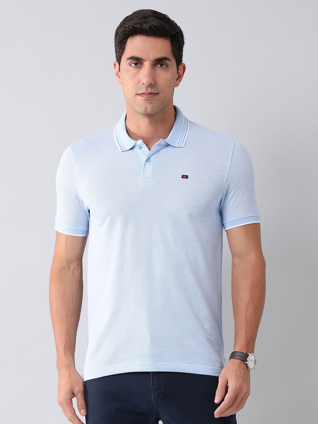 

AD By Arvind Men Geometric Printed Polo Collar Cotton Slim Fit T-shirt, Blue