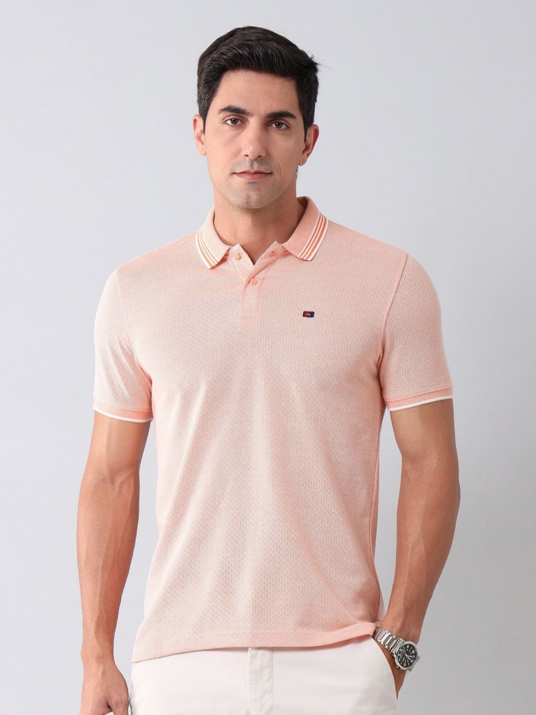 

AD By Arvind Men Geometric Printed Polo Collar Cotton Slim Fit T-shirt, Peach