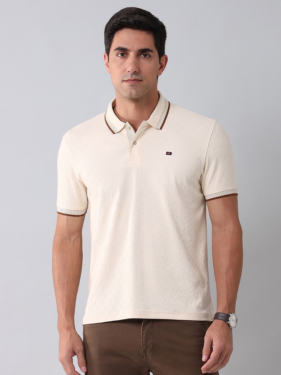 

AD By Arvind Men Self Design Polo Collar Cotton Slim Fit T-shirt, Beige
