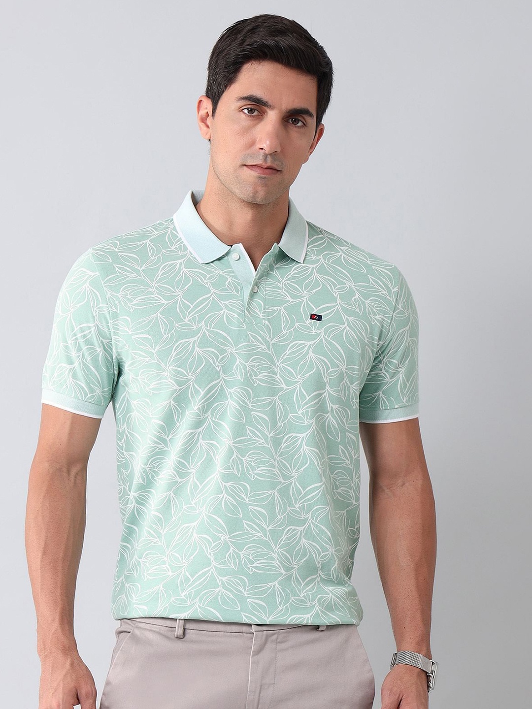 

AD By Arvind Men Floral Printed Polo Collar Cotton Slim Fit T-shirt, Green