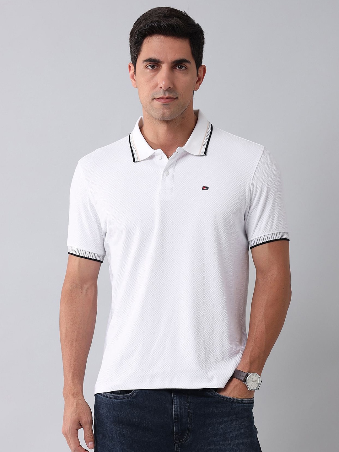 

AD By Arvind Men Self Design Polo Collar Cotton Slim Fit T-shirt, White