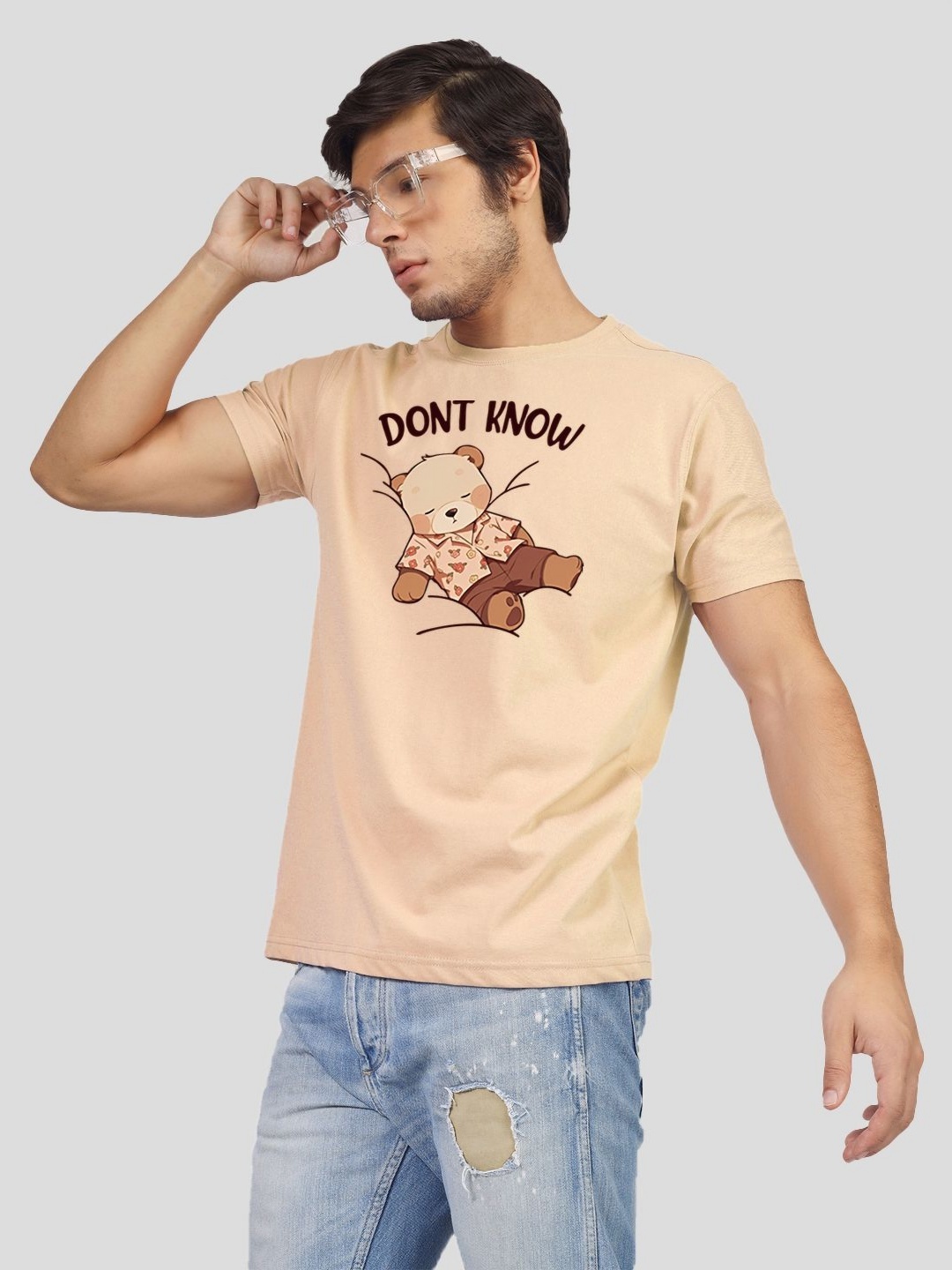 

Greylongg Men Graphic Printed Round Neck Cotton T-shirt, Beige
