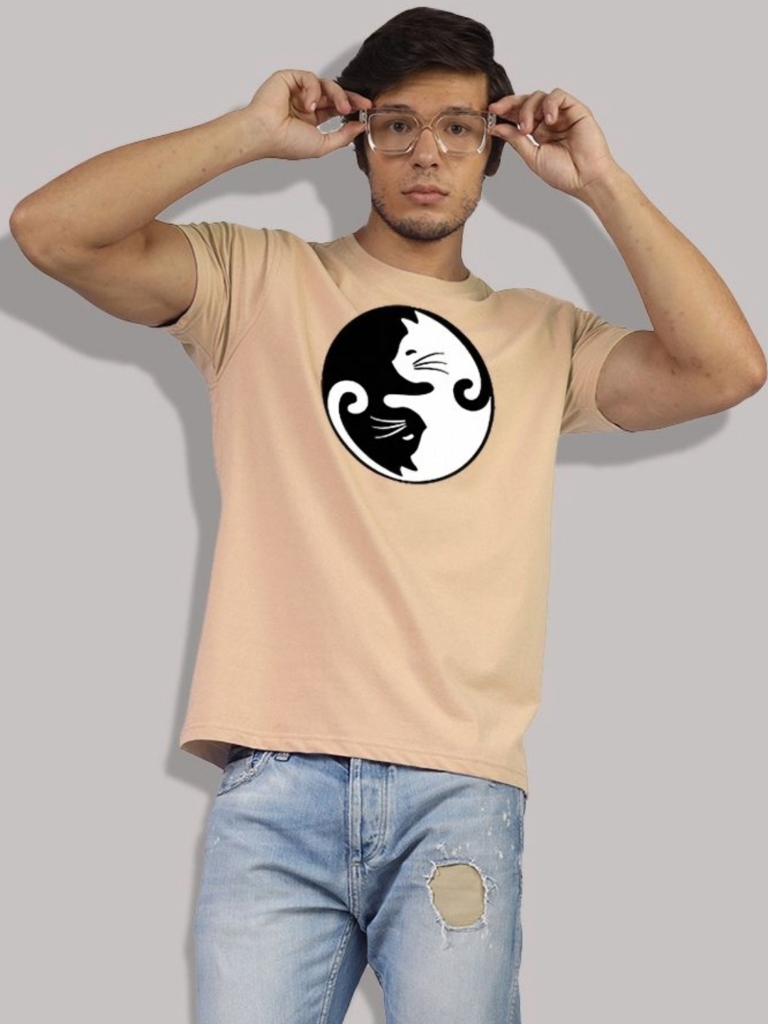 Greylongg Men Graphic Printed Round Neck Cotton T-shirt, Beige