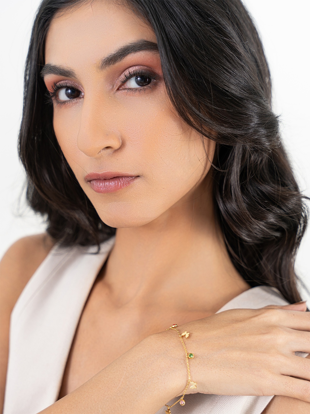 

ZAISHA 18KT Gold-Plated Stainless Steel Stone Studded Dainty Butterfly Wraparound Bracelet