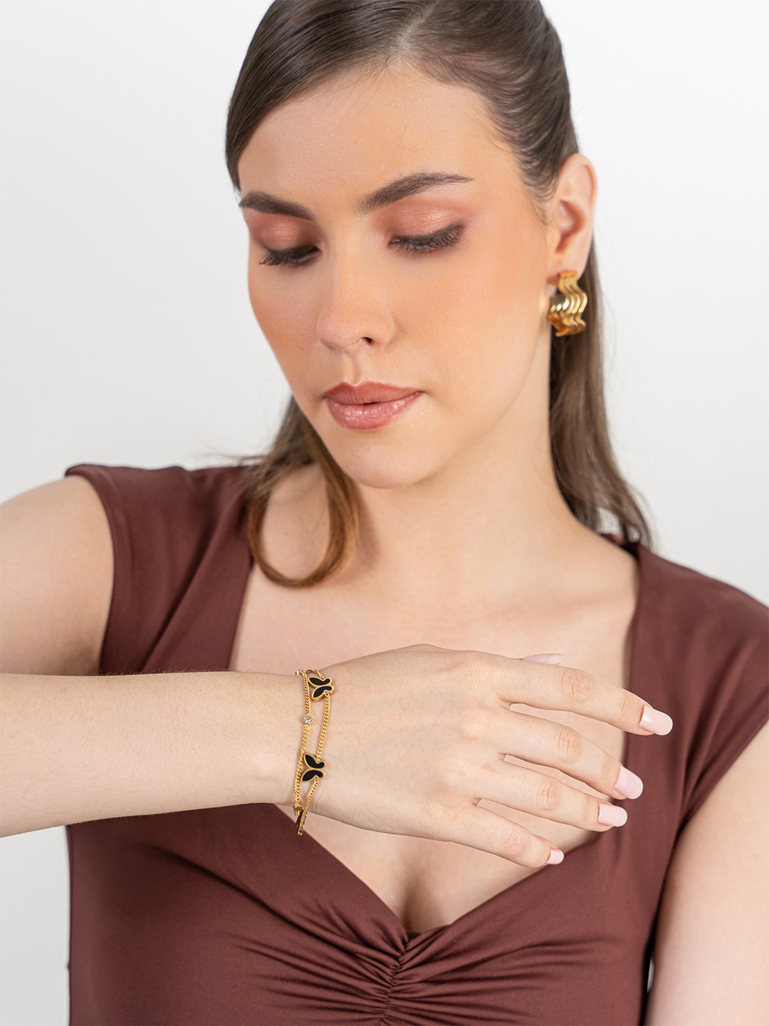 

ZAISHA 18KT Gold-Plated Stainless Steel Tri Butterfly Multilayer Stack Bangle Bracelet