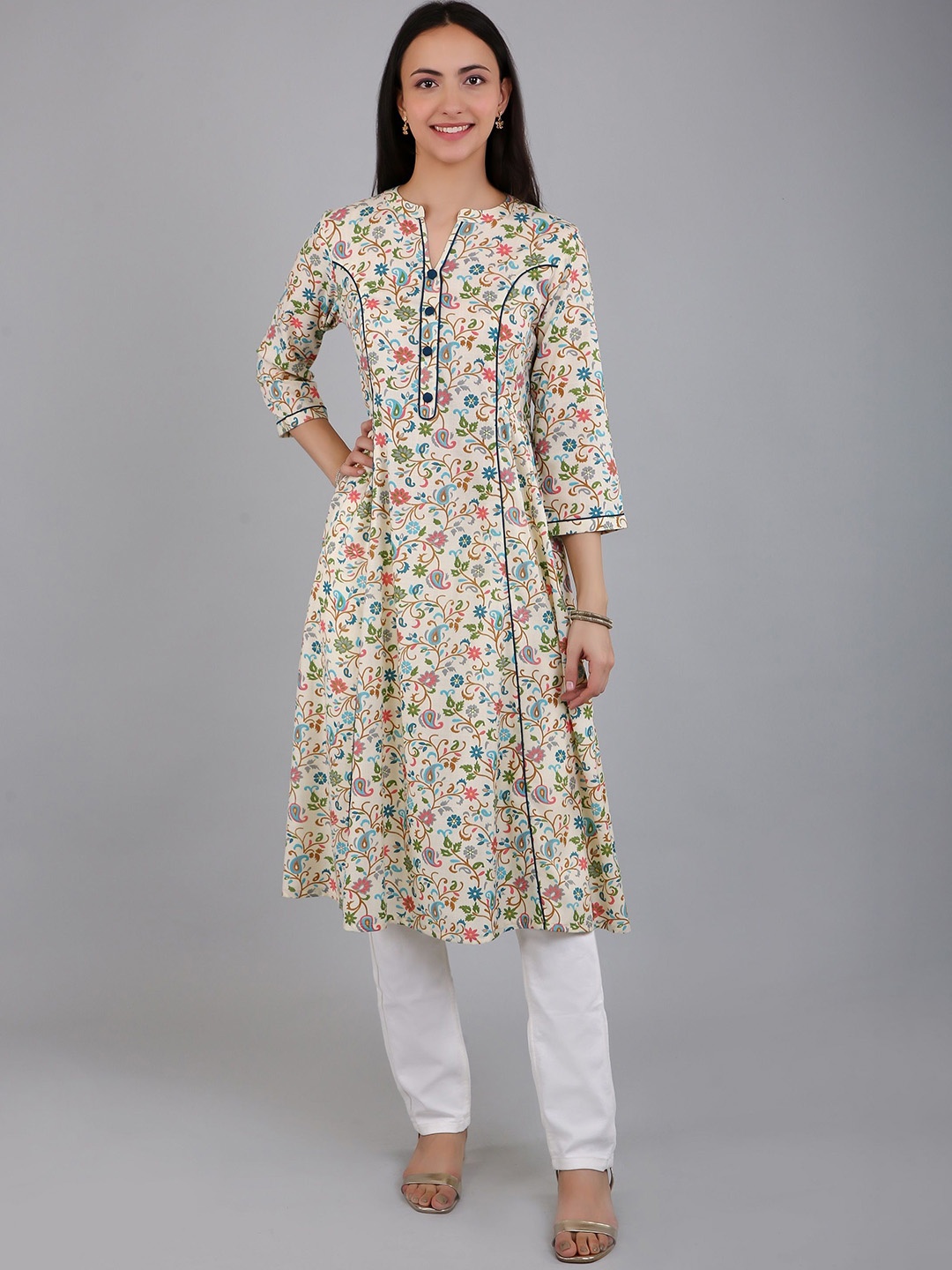 

VAPPSYAM Floral Printed Mandarin Collar Cotton Kurta, Blue