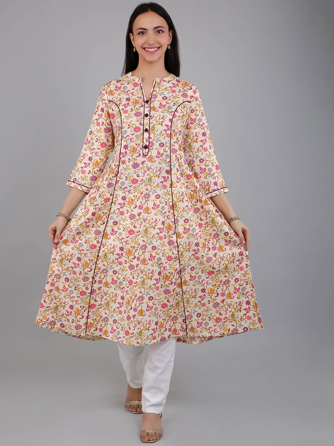 

VAPPSYAM Floral Printed Mandarin Collar Cotton Kurta, Brown