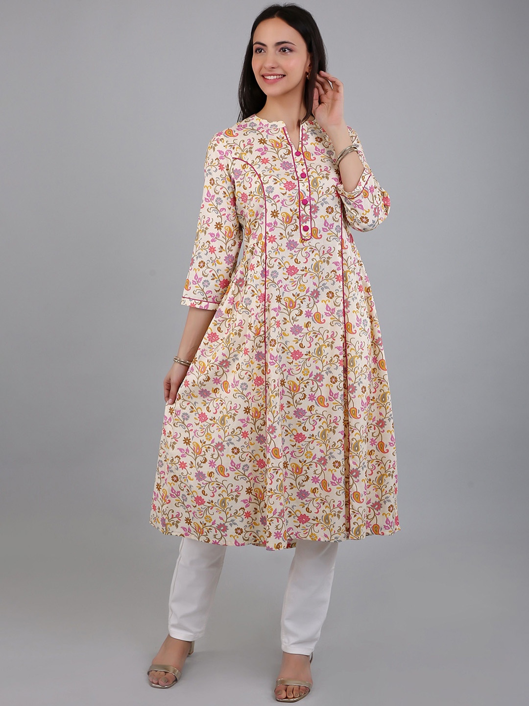

VAPPSYAM Floral Printed Mandarin Collar Cotton Kurta, Pink